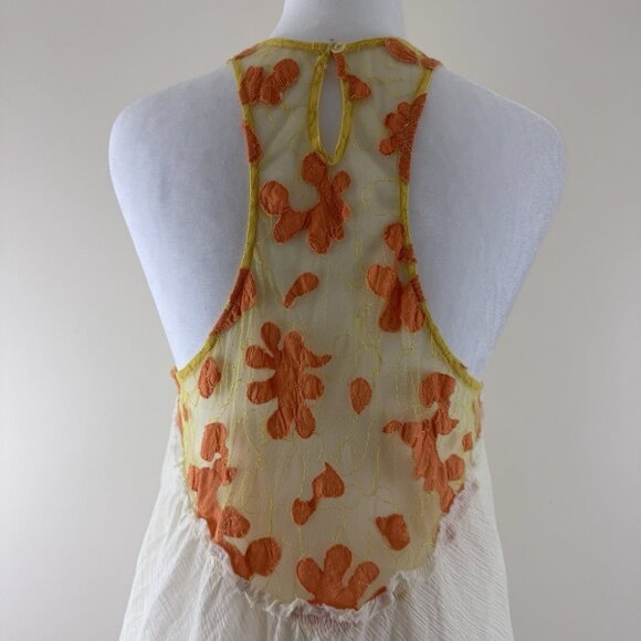 Free People Grecian Off White Gauze Yellow Orange Lace Tunic Tank Top Size M - Picture 4 of 12